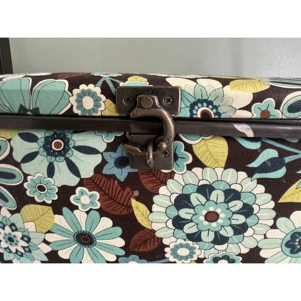Vintage Dritz Sewing Box Basket Blue & Brown Floral Fabric With Tray Latch Retro